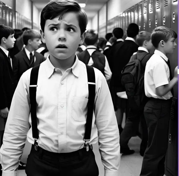 A black and white photo of a boy in a school corridor